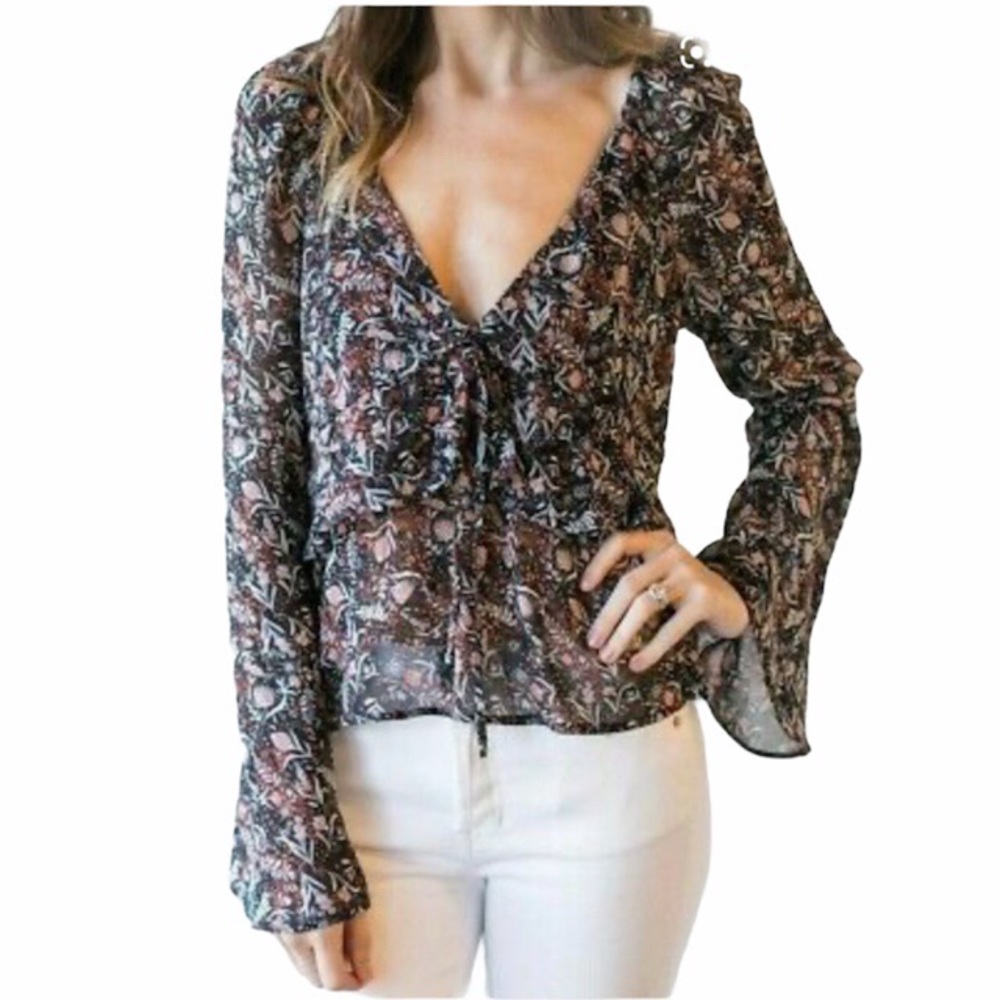 Free People Uptown Black Floral Bell Sleeve Blouse